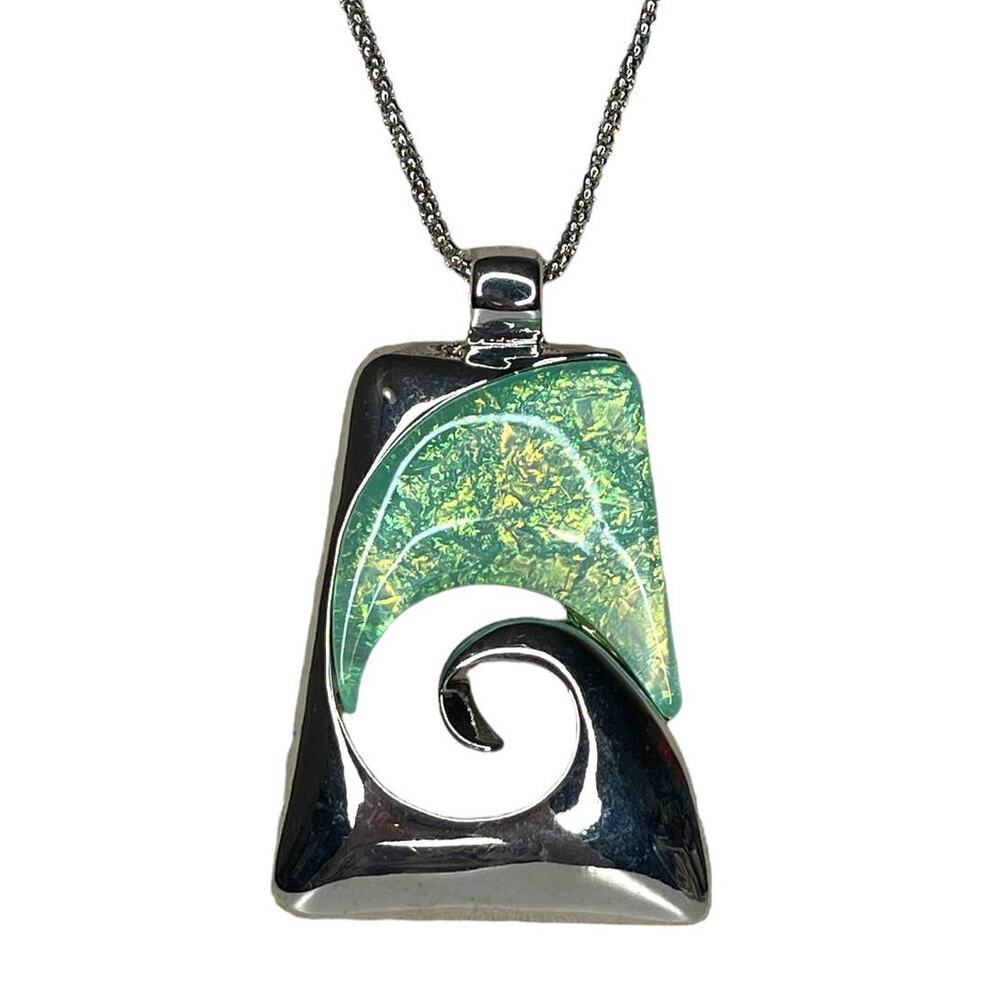 Wave Pendant Necklace Poly Resin Silver Tone and Teal Wave Necklace